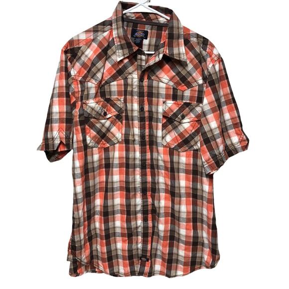 Dickies XL Plaid Western Shirt Short‎ Sleeve Button Up Orange Brown Mens - Picture 1 of 8